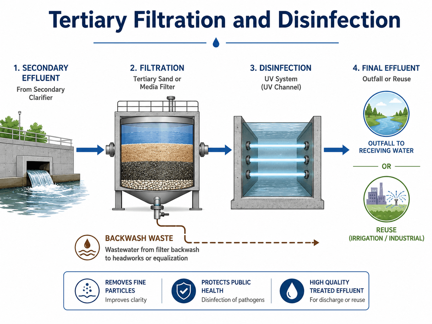 Tertiary filtration and disinfection process diagram showing secondary effluent, media filter, UV disinfection channel, final effluent, backwash waste, receiving water, and reuse