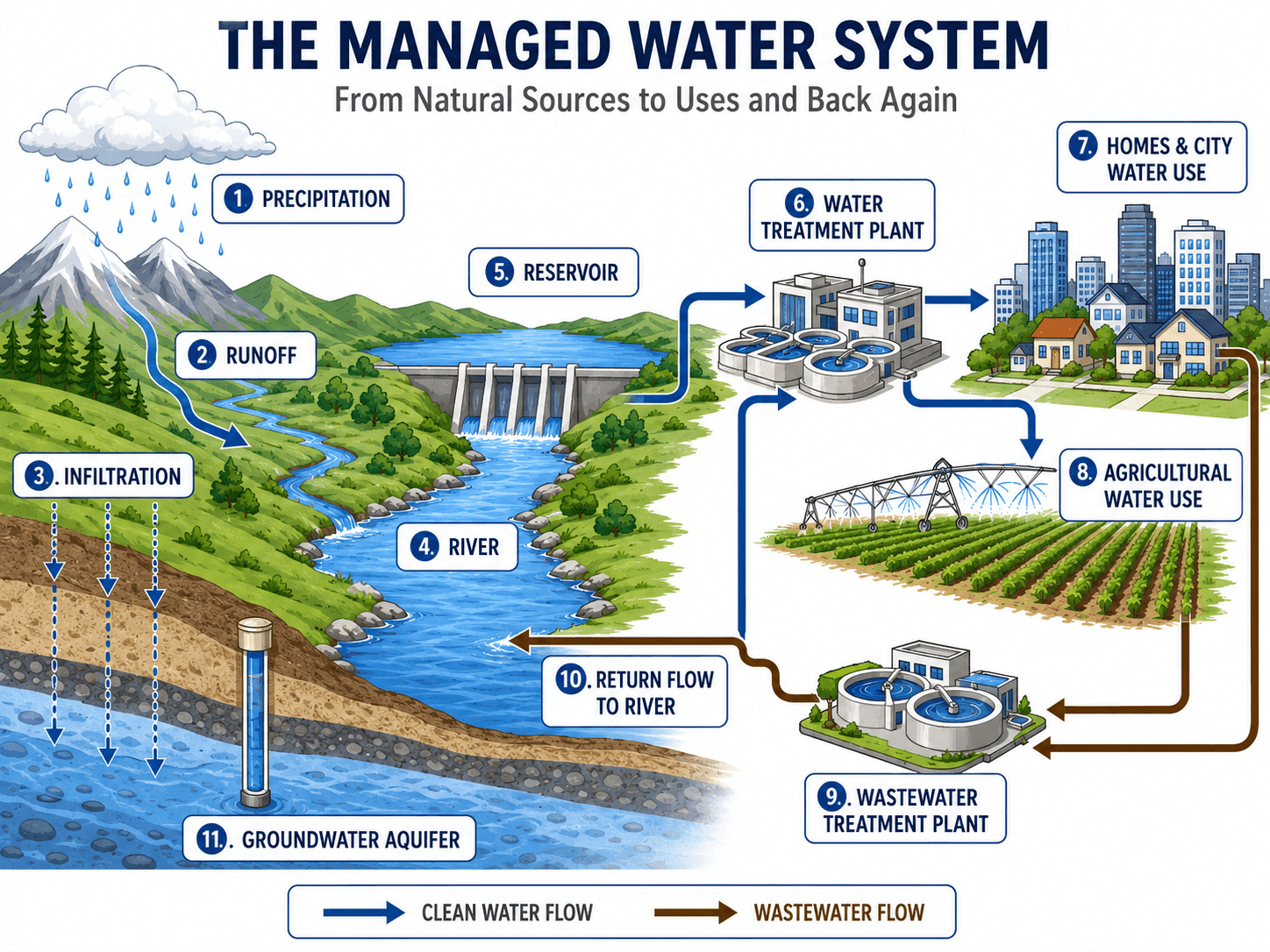 Managed water system diagram showing precipitation, runoff, infiltration, rivers, reservoirs, water treatment, city water use, agricultural water use, wastewater treatment, return flow, and groundwater aquifer connections