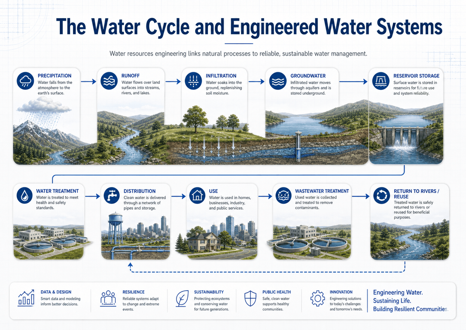 Flow diagram showing how precipitation, runoff, infiltration, groundwater, reservoir storage, water treatment, distribution, use, wastewater treatment, and reuse connect in water resources engineering.
