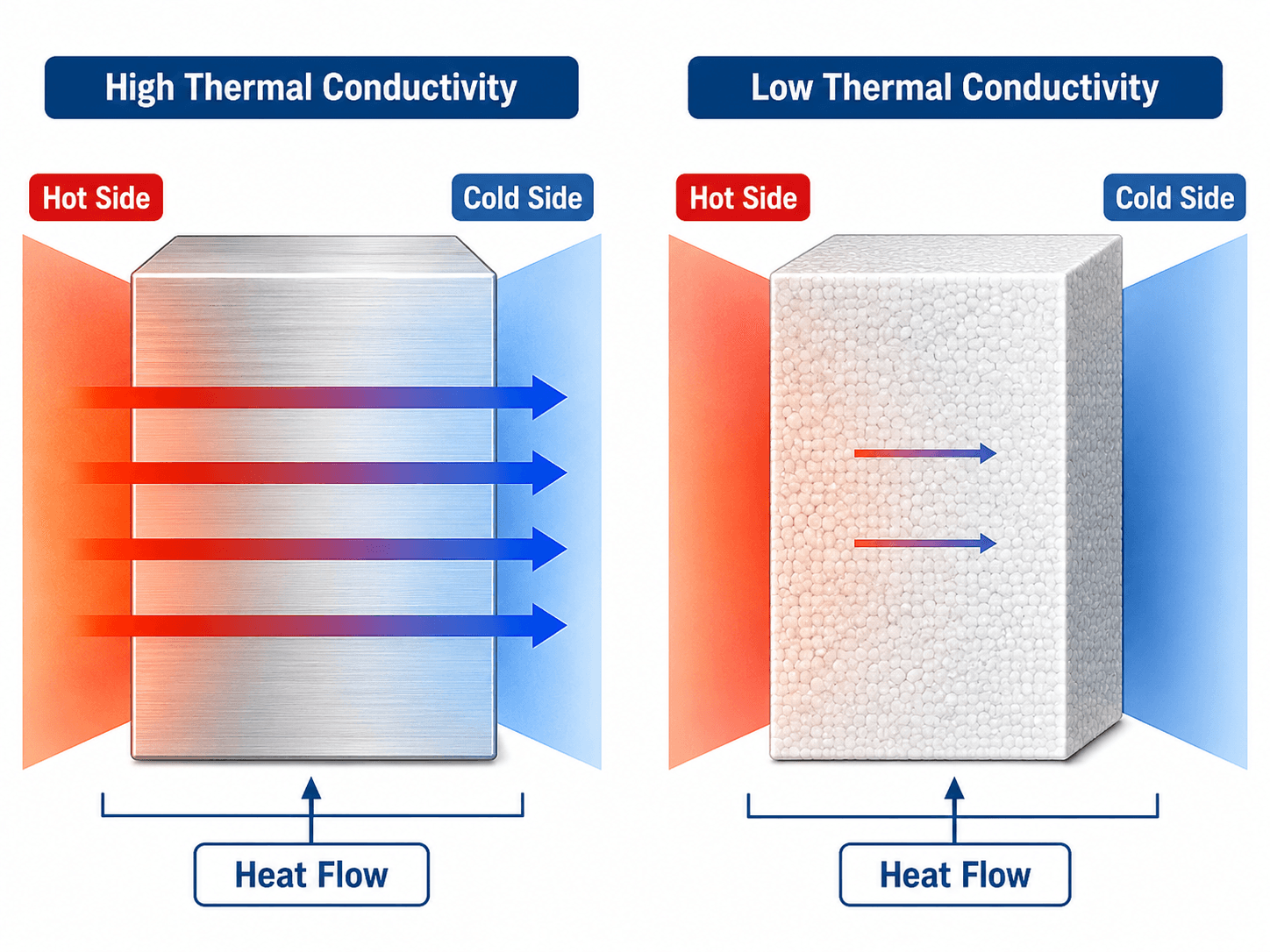 Diagram comparing high thermal conductivity and low thermal conductivity materials with heat flowing from a hot side to a cold side