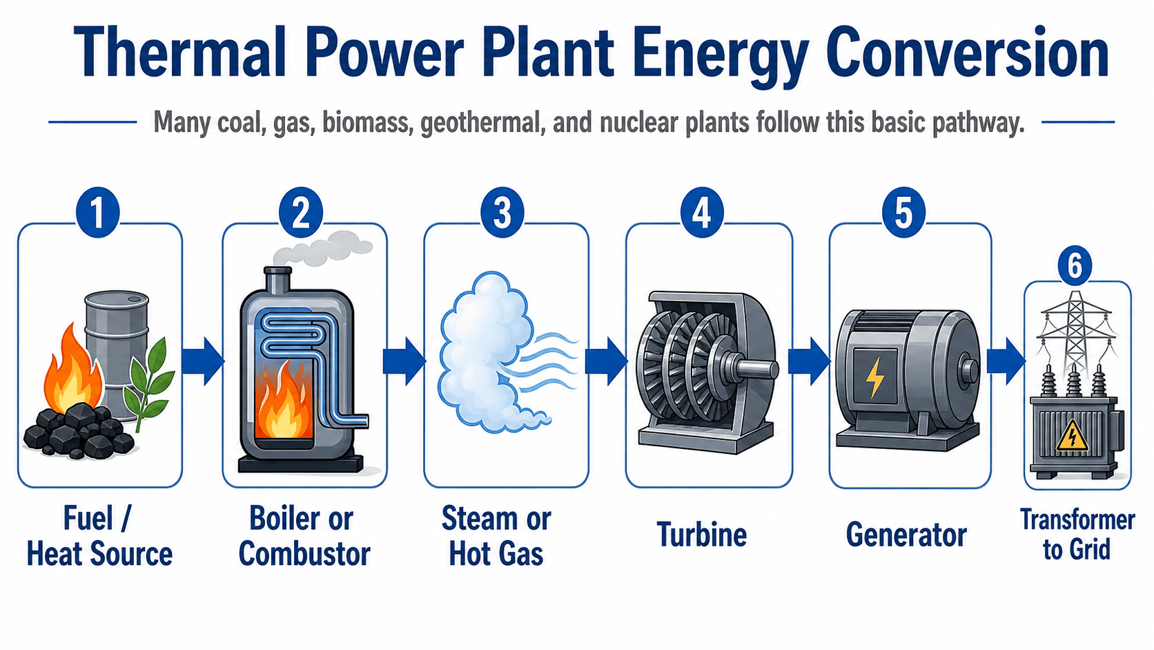 Thermal power plant energy conversion diagram showing heat source, boiler or combustor, steam or hot gas, turbine, generator, and transformer to grid.