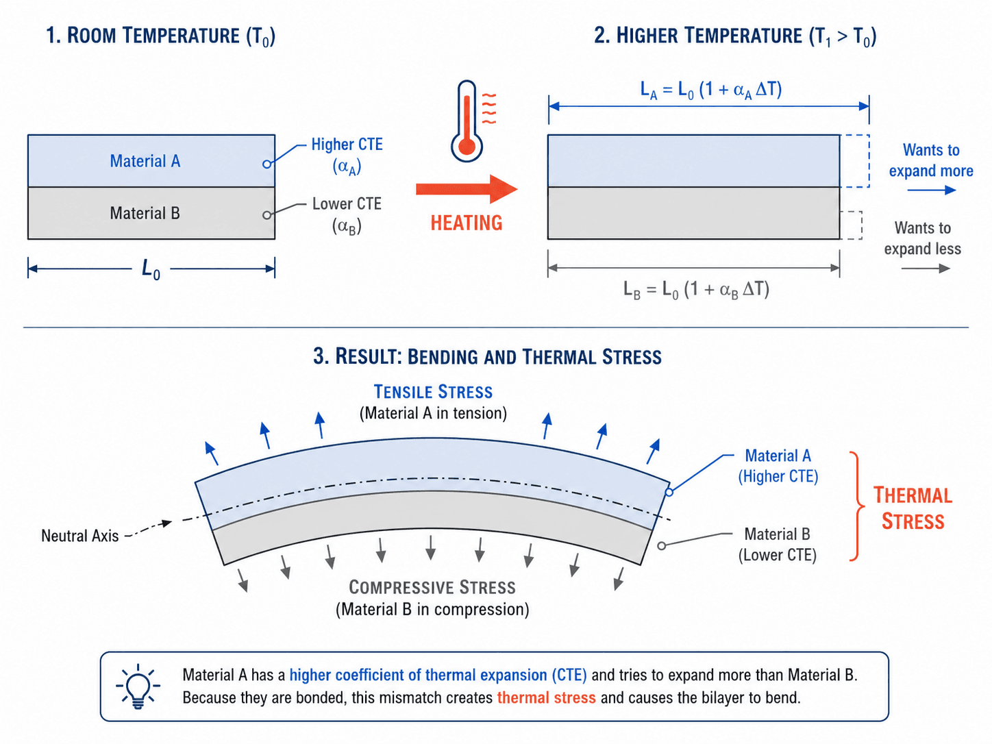 Diagram showing thermal expansion mismatch between two bonded materials creating bending and thermal stress