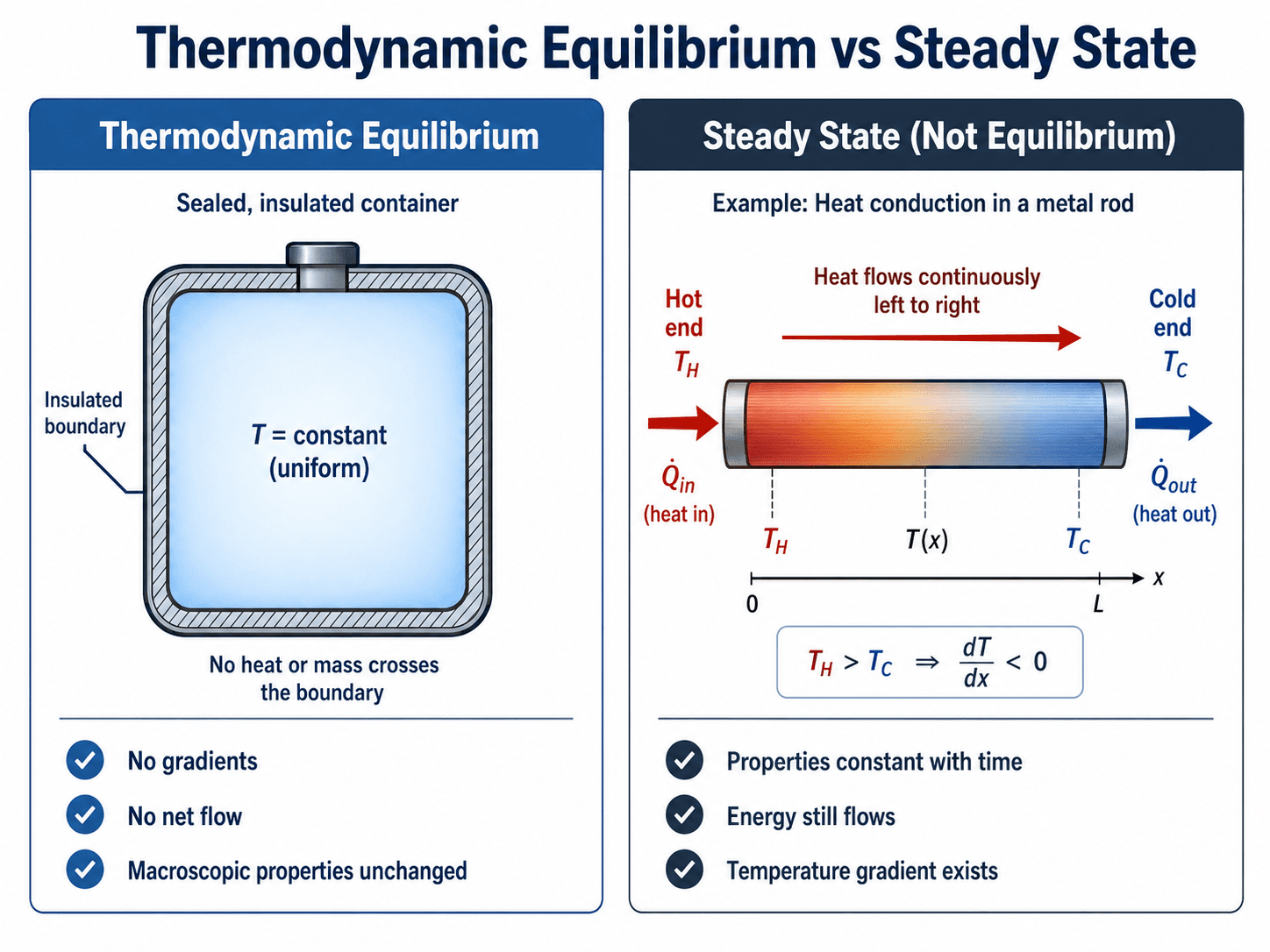 Comparison diagram showing a sealed system at thermodynamic equilibrium beside a steady heat conduction system that is not at equilibrium