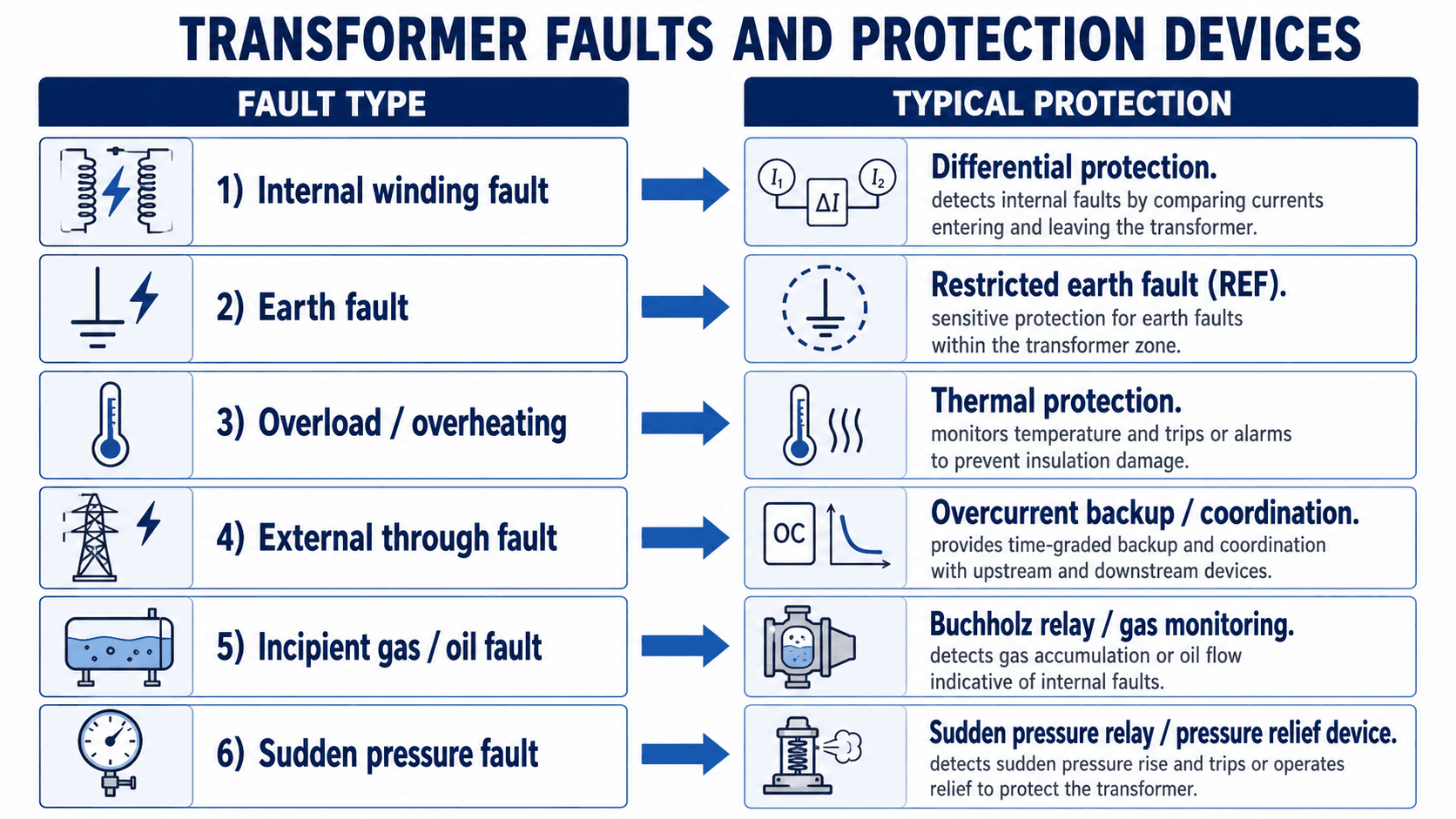 Transformer faults and protection devices infographic mapping internal winding faults, earth faults, overheating, through faults, gas faults, and sudden pressure faults to typical protection methods