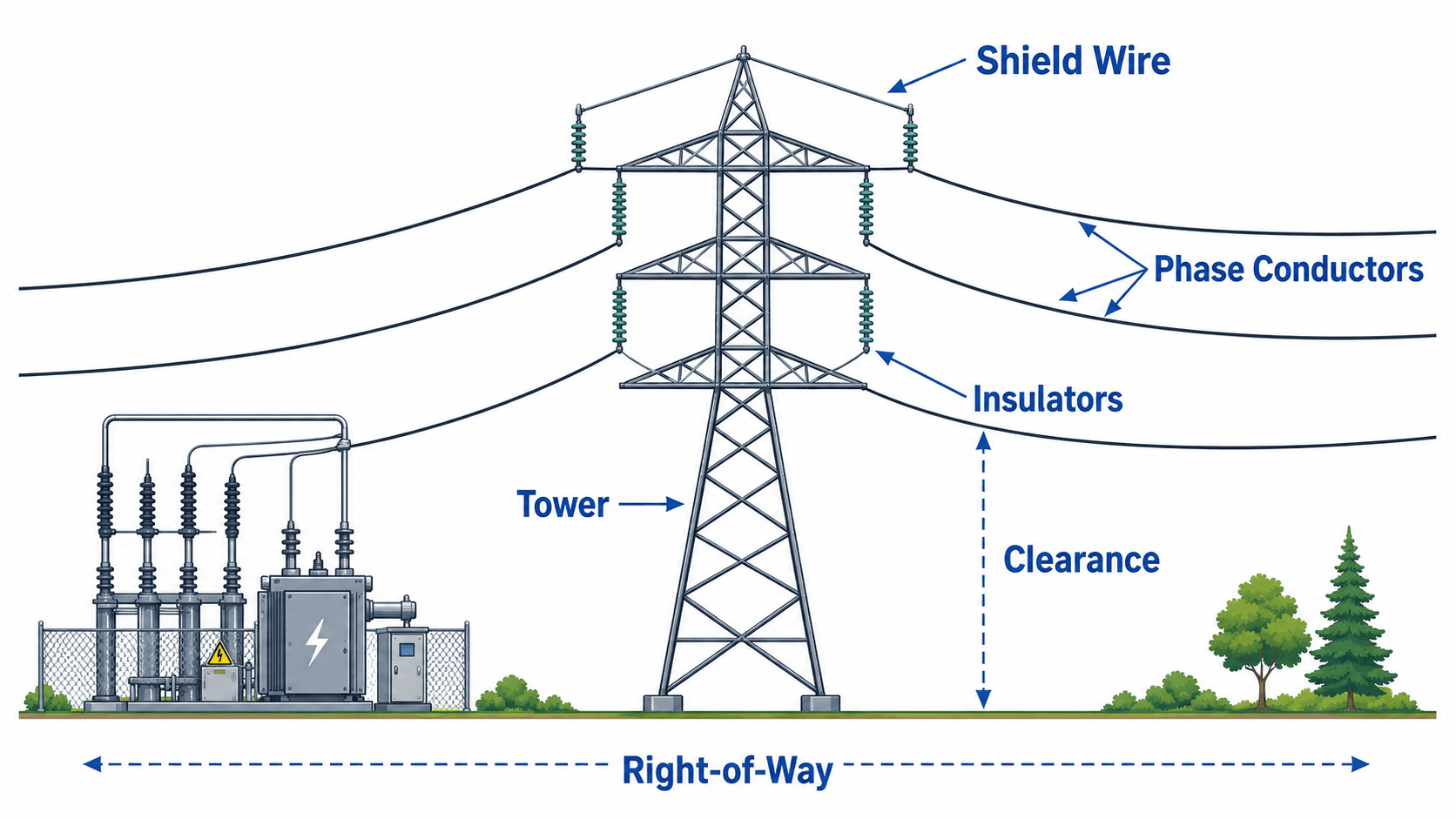 Labeled transmission line components diagram showing tower, phase conductors, insulators, shield wire, clearance, and right-of-way