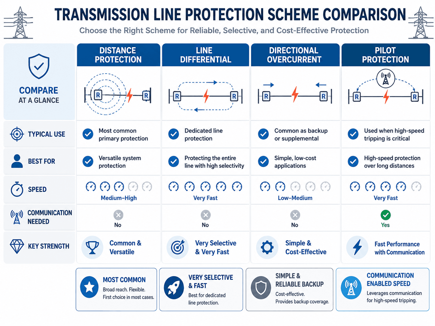 Comparison infographic showing distance protection, line differential protection, directional overcurrent protection, and pilot protection for transmission lines