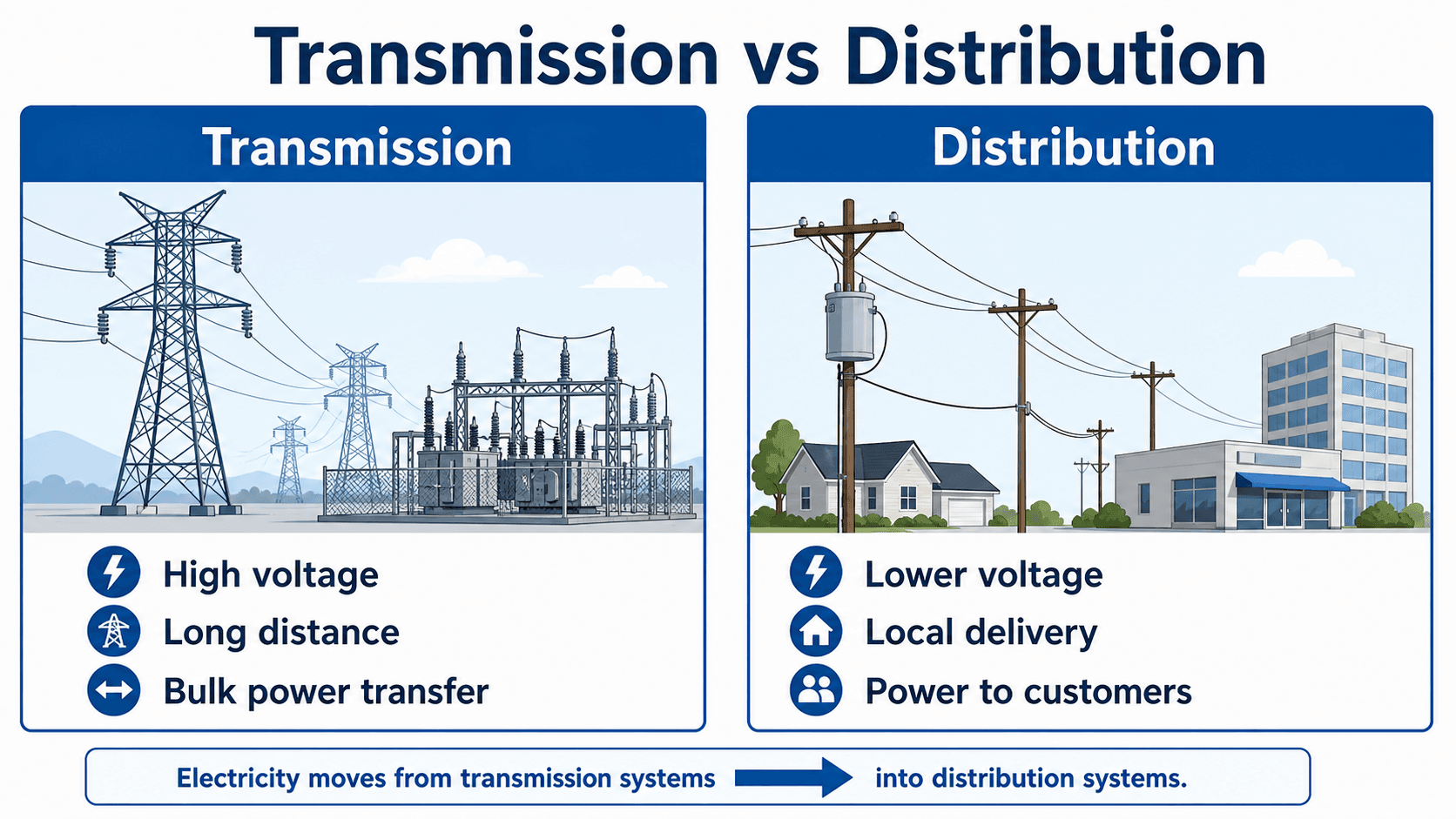Comparison infographic showing high-voltage long-distance power transmission versus lower-voltage local power distribution to customers.