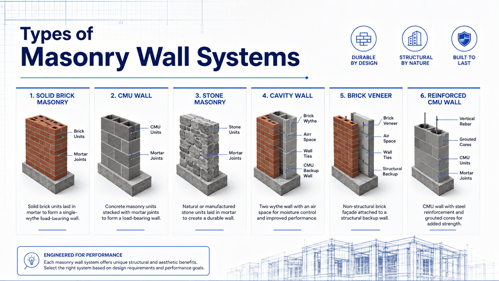 Comparison diagram of masonry wall systems including solid brick masonry, CMU wall, stone masonry, cavity wall, brick veneer, and reinforced CMU wall.