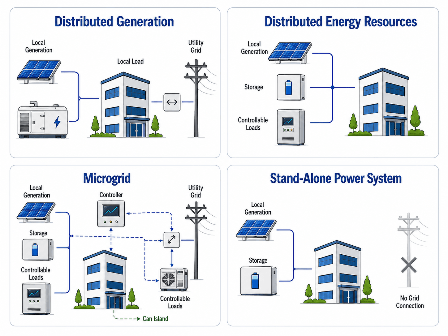 Comparison diagram showing distributed generation, distributed energy resources, microgrids, and stand-alone power systems