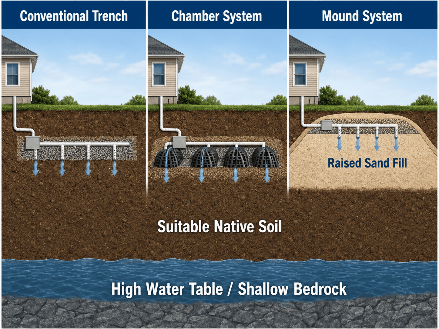 Comparison of conventional trench, chamber system, and mound system leach field designs