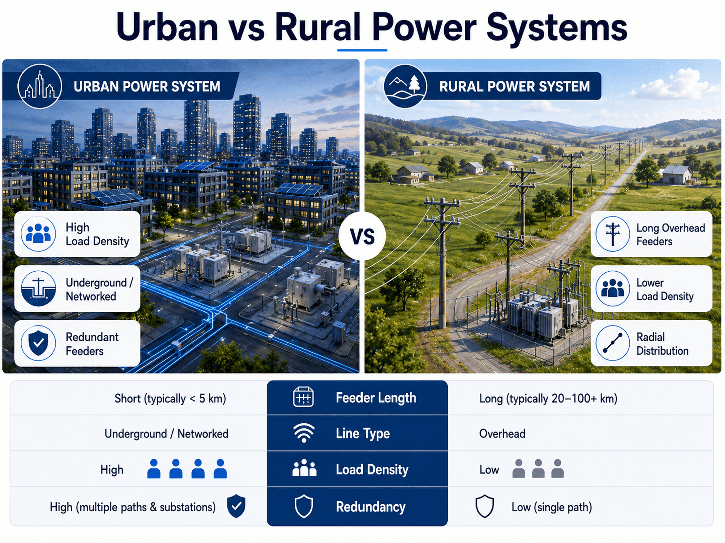 Comparison diagram showing urban power systems with high load density, underground networked feeders, and redundancy versus rural power systems with long overhead radial feeders