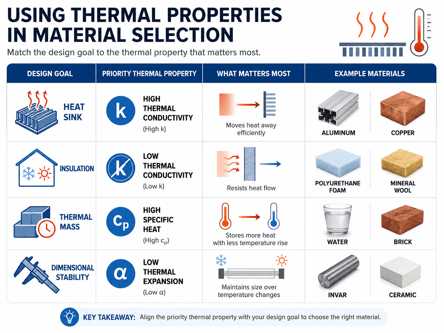 Decision matrix showing how thermal conductivity, specific heat, and thermal expansion guide material selection