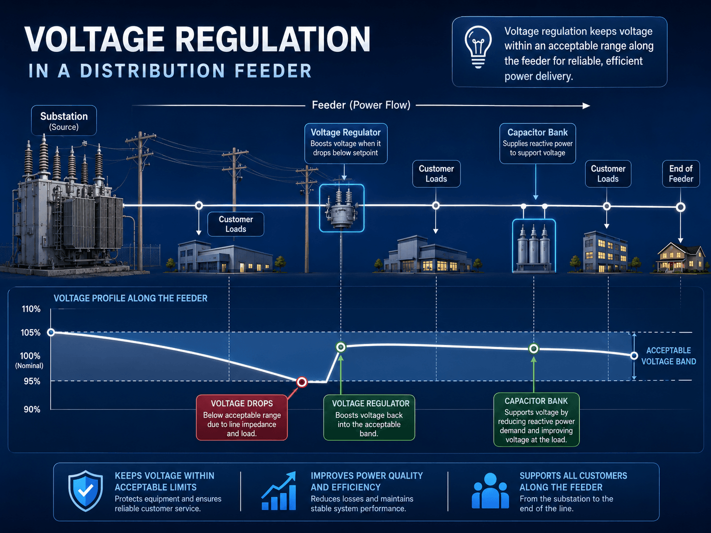 Distribution feeder voltage regulation diagram showing substation, feeder loads, voltage regulator, capacitor bank, and acceptable voltage band