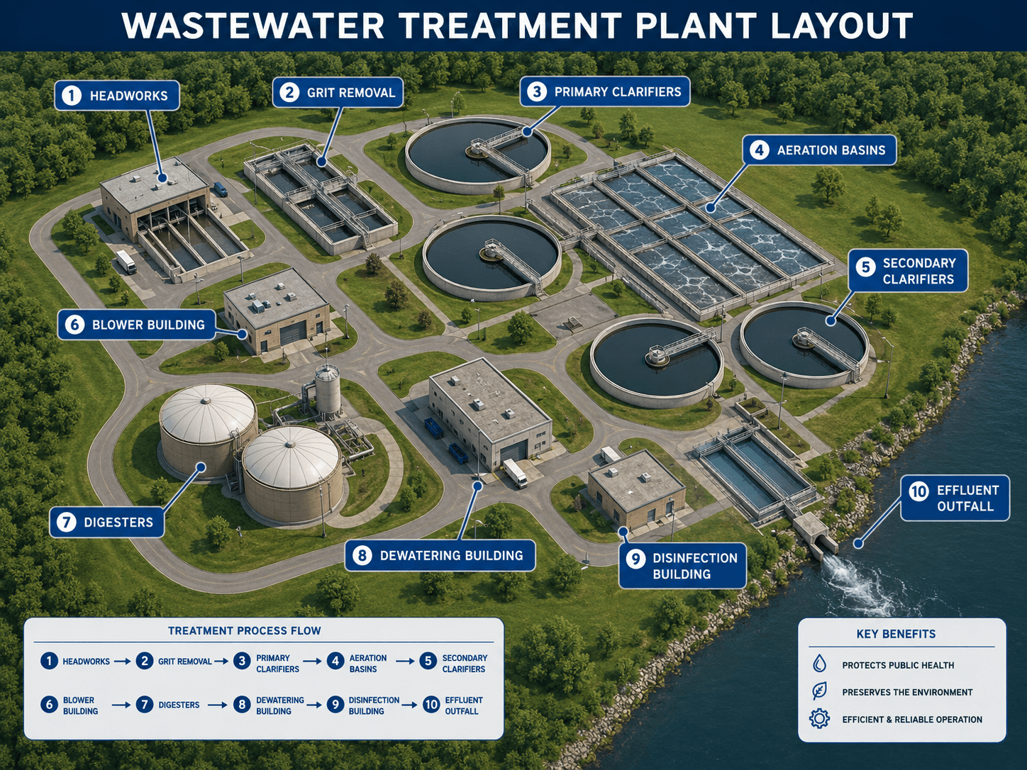 Aerial-style wastewater treatment plant layout labeling headworks, grit removal, primary clarifiers, aeration basins, secondary clarifiers, blower building, digesters, dewatering building, disinfection building, and effluent outfall