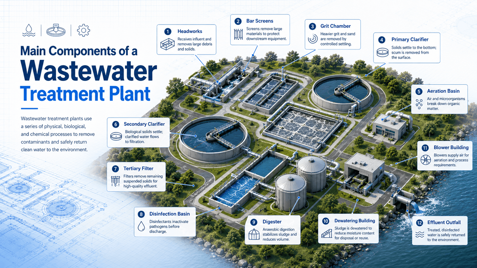 Labeled wastewater treatment plant component diagram showing headworks, bar screens, grit chamber, primary clarifier, aeration basin, secondary clarifier, tertiary filter, disinfection basin, digester, dewatering building, blower building, and effluent outfall.