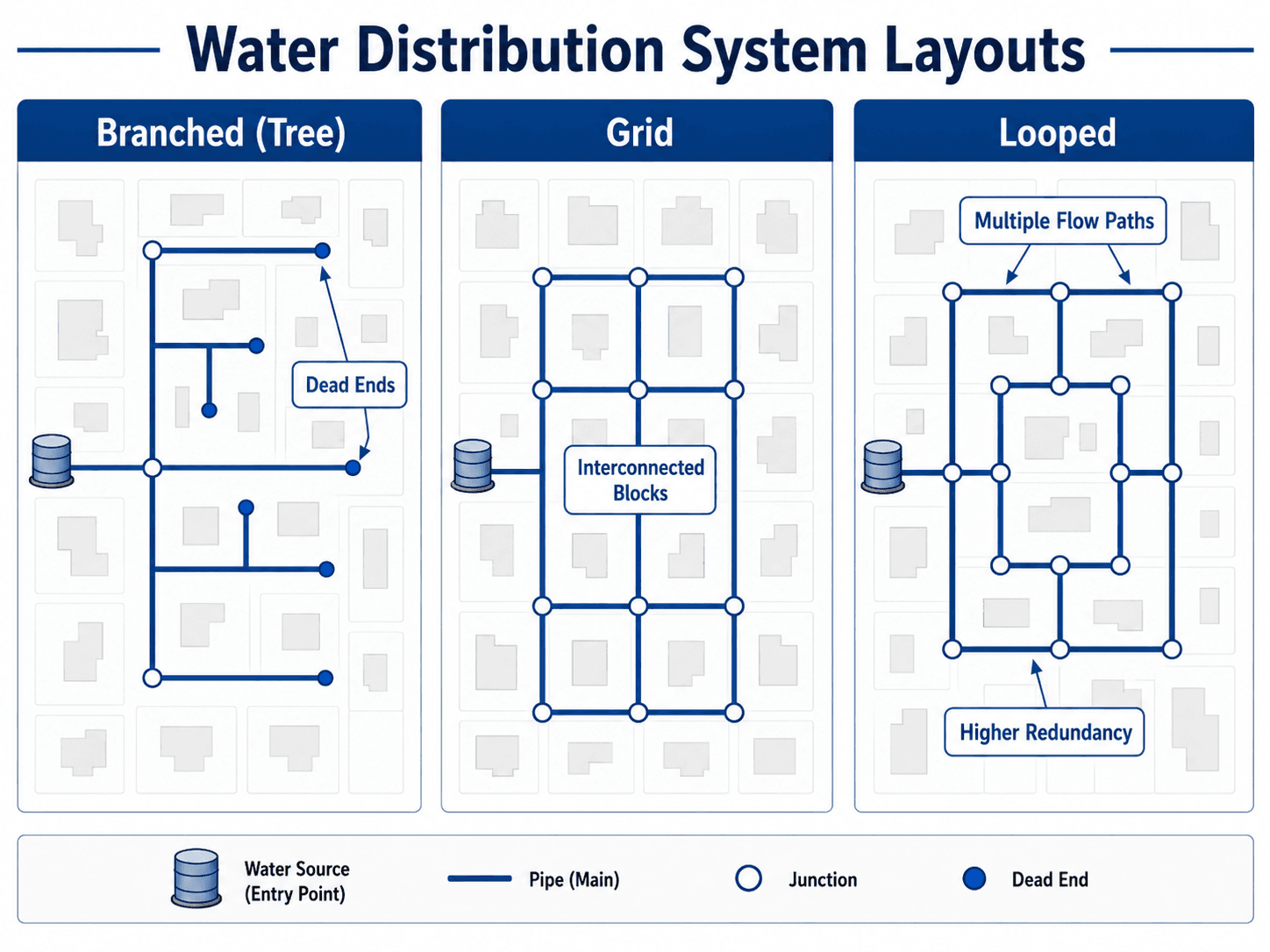 Comparison diagram of branched, grid, and looped water distribution system layouts showing dead ends, interconnected blocks, multiple flow paths, and higher redundancy.