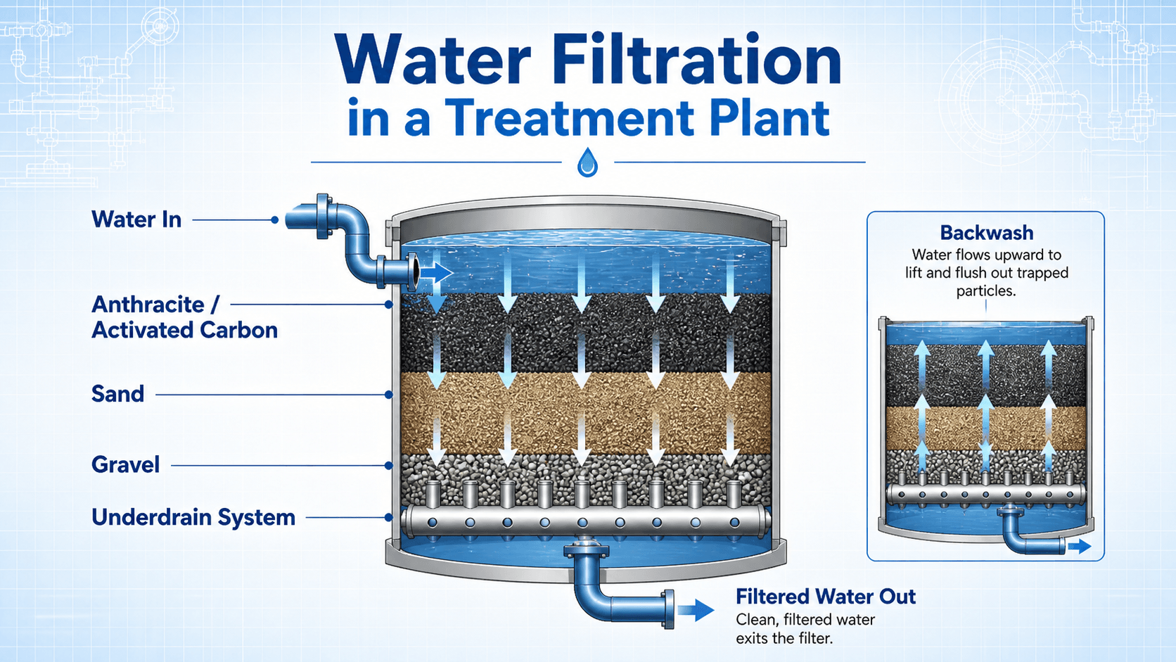 Cross-section diagram showing water filtration in a treatment plant with water entering through anthracite or activated carbon, sand, gravel, underdrain system, filtered water outlet, and backwash flow