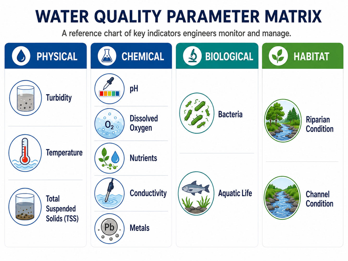 Water quality parameter matrix grouping physical, chemical, biological, and habitat indicators used by engineers