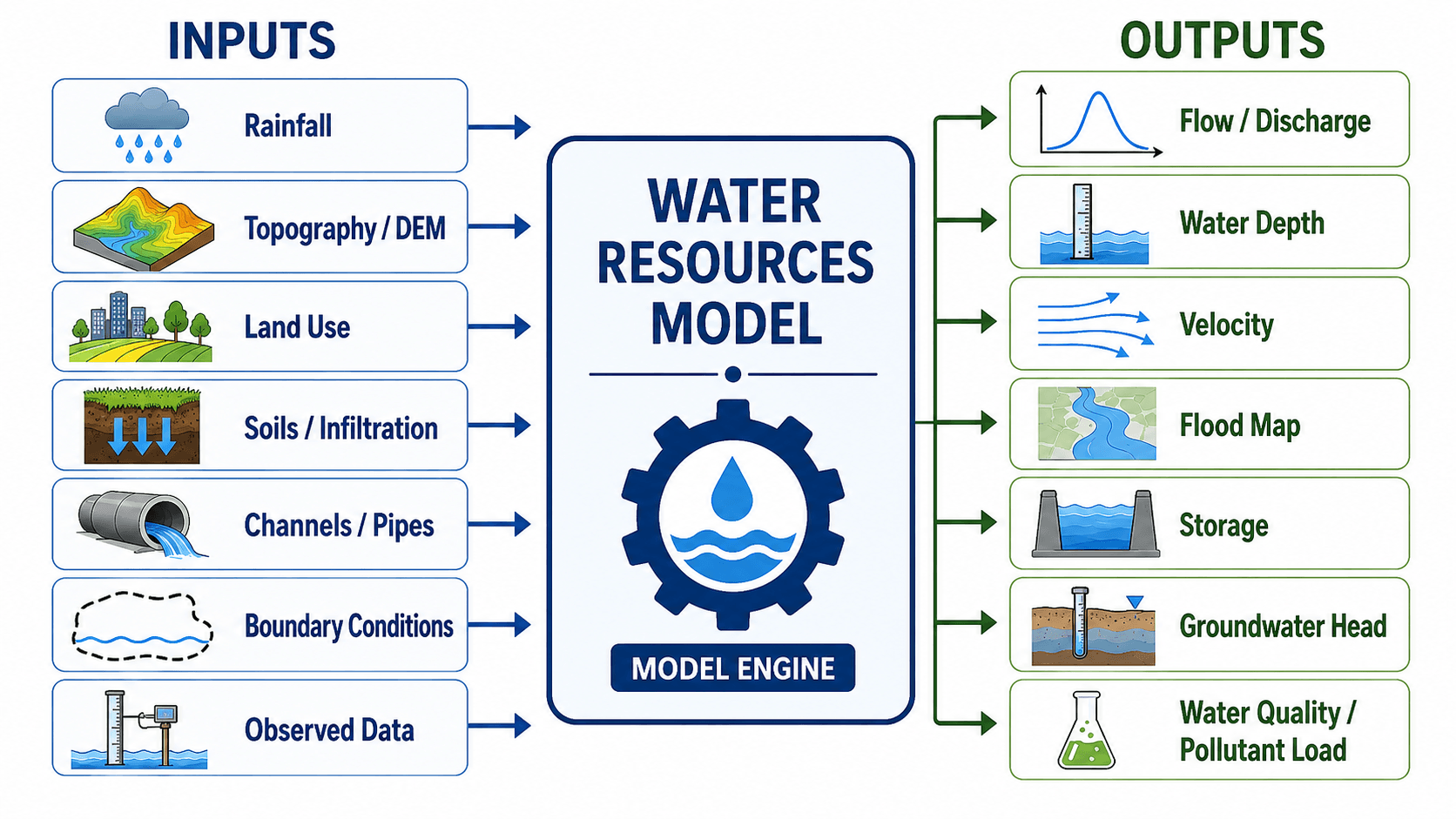 Water resources modeling inputs and outputs diagram showing rainfall topography land use soils pipes boundary conditions and observed data producing flow depth velocity flood maps storage groundwater head and water quality outputs