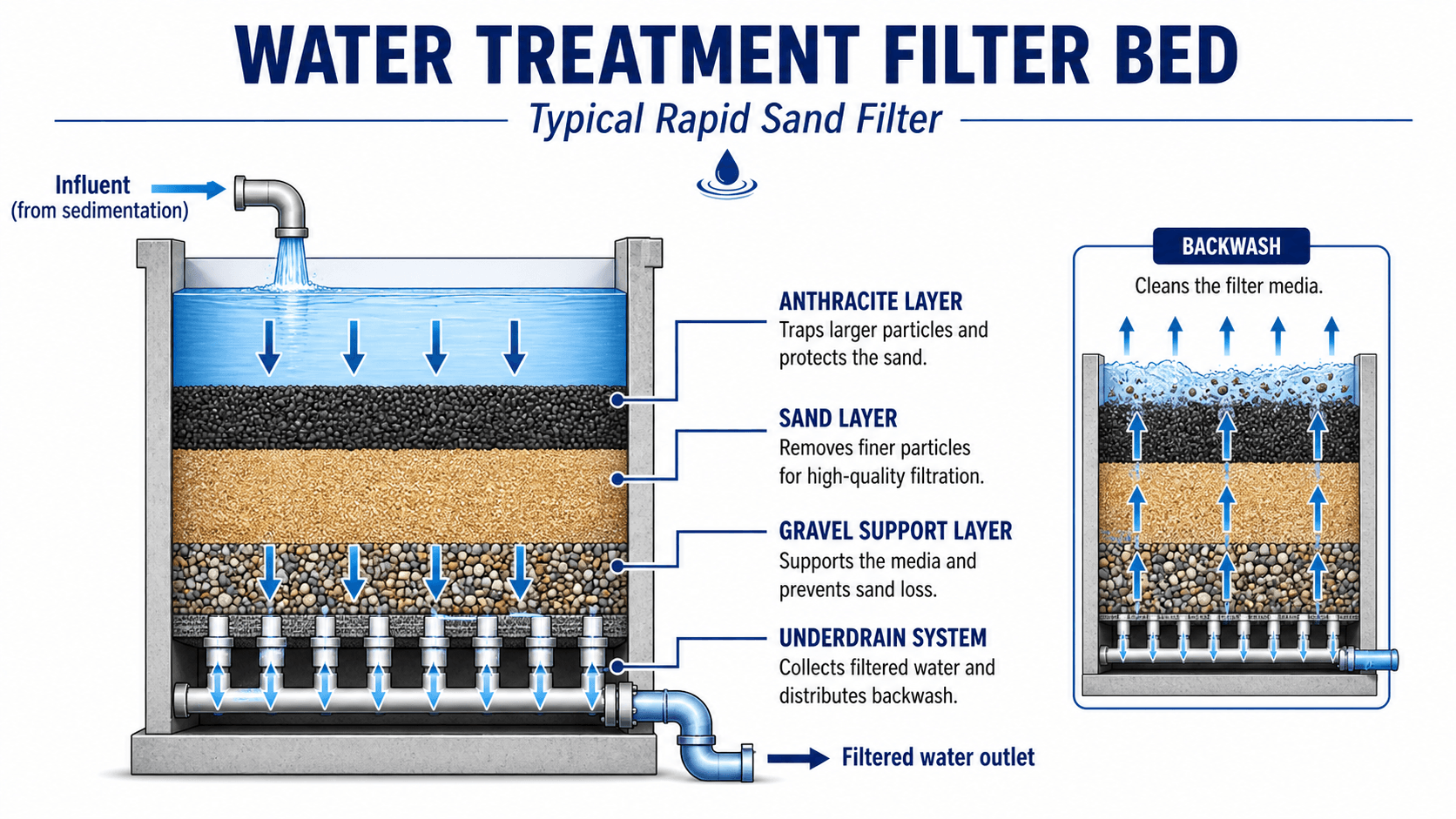 Water treatment filter bed diagram showing anthracite, sand, gravel support media, underdrain system, filtered water outlet, and backwash flow