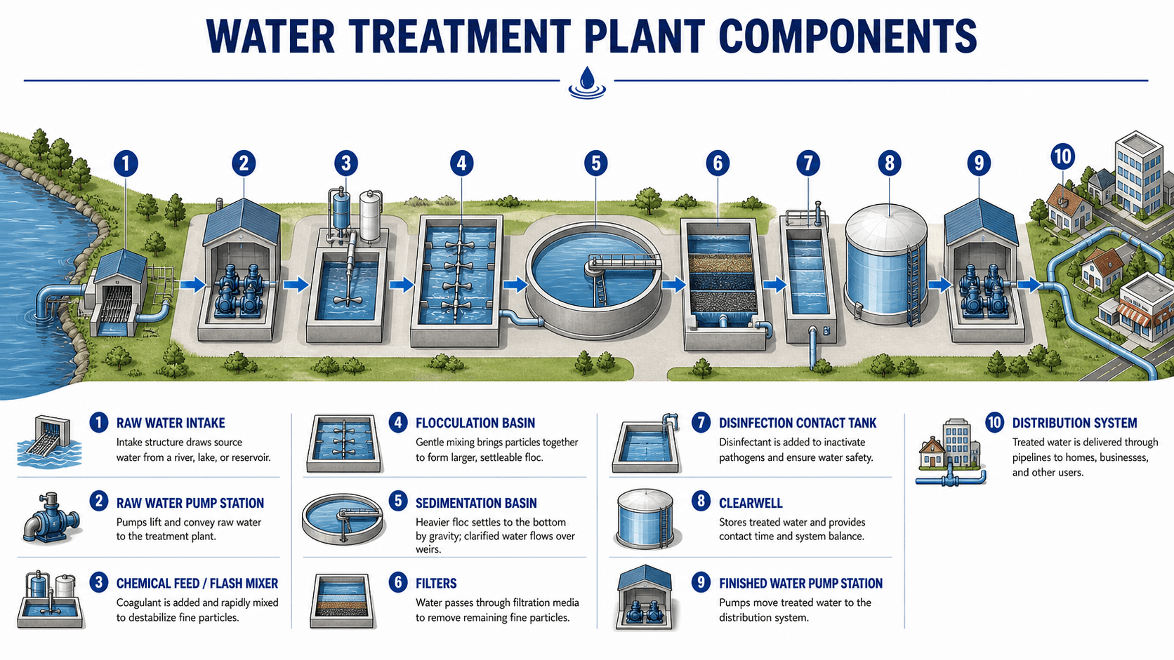 Water treatment plant components map showing source water, pumping, chemical feed, flocculation basin, sedimentation basin, filters, disinfection contact, clearwell, finished water pumping, and distribution