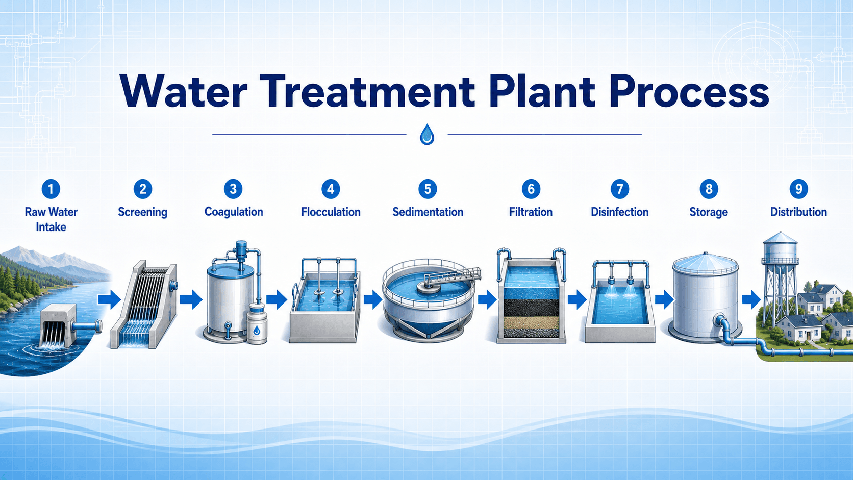 Step-by-step diagram showing how water treatment plants work from raw water intake through screening, coagulation, flocculation, sedimentation, filtration, disinfection, storage, and distribution
