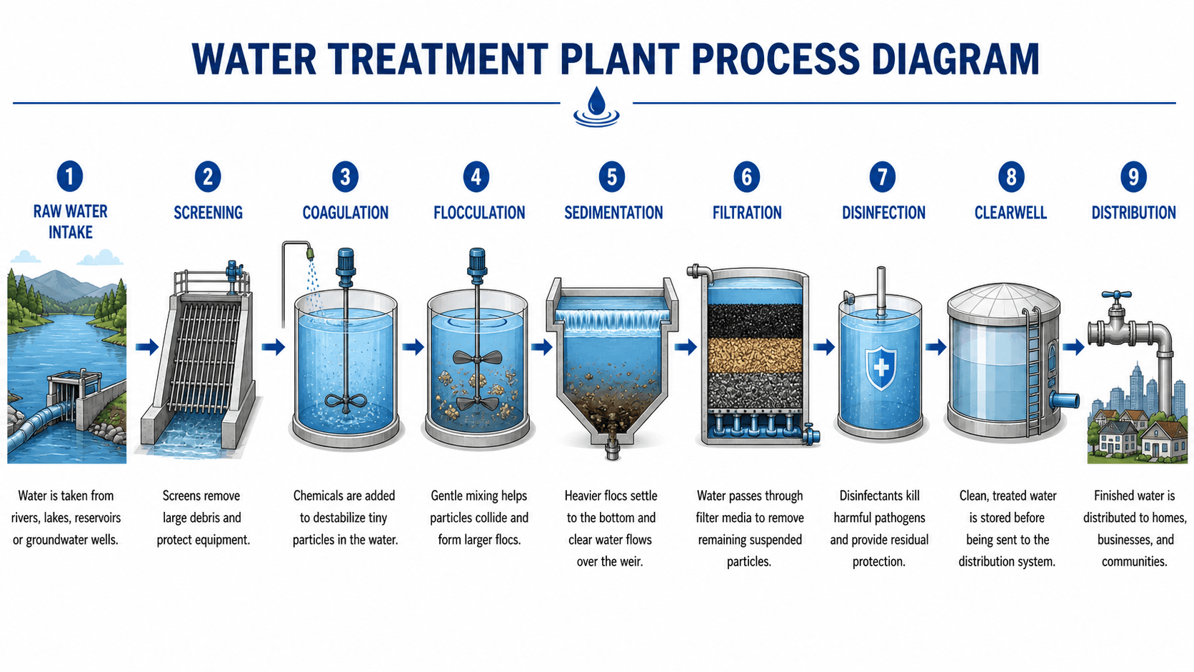 Water treatment plant process diagram showing screening, coagulation, flocculation, sedimentation, filtration, disinfection, clearwell storage, and distribution