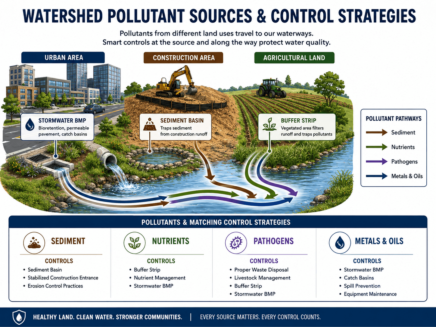 Watershed pollutant sources and control strategies showing urban runoff, construction sediment, agricultural nutrients, buffer strips, sediment basins, and stormwater BMPs