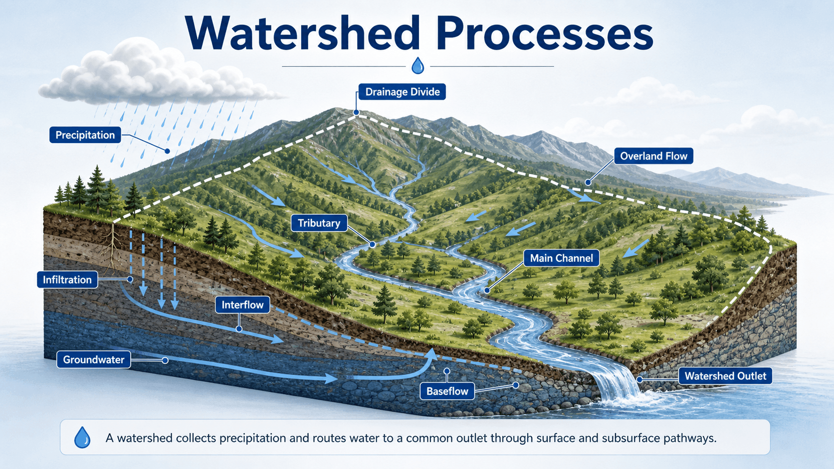 Watershed hydrology diagram showing a drainage divide, precipitation, overland flow, infiltration, interflow, groundwater, tributaries, main channel, baseflow, and watershed outlet