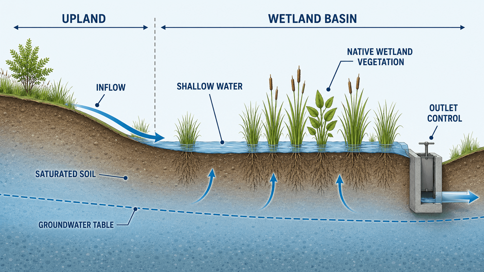 Wetland hydrology cross-section showing upland inflow, shallow water, saturated soil, groundwater table, outlet control, and native vegetation for wetlands restoration