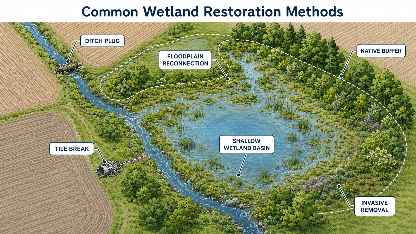 Plan-view diagram of common wetlands restoration methods including ditch plug, tile break, floodplain reconnection, shallow wetland basin, native buffer, and invasive removal