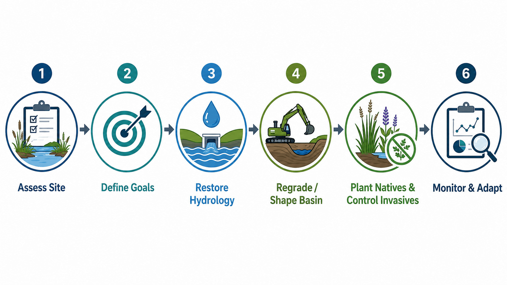 Six-step wetlands restoration process showing site assessment, goal definition, hydrology restoration, basin shaping, native planting, invasive control, and monitoring