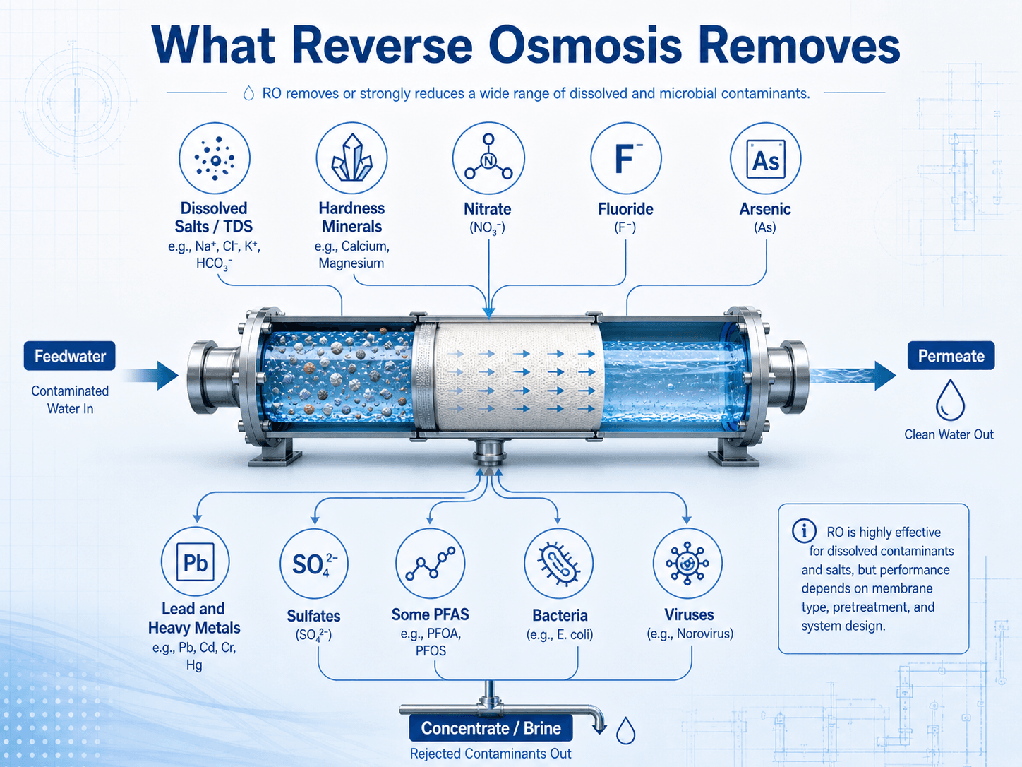Reverse osmosis contaminant removal diagram showing dissolved salts, hardness minerals, nitrate, fluoride, arsenic, lead, sulfates, PFAS, bacteria, and viruses