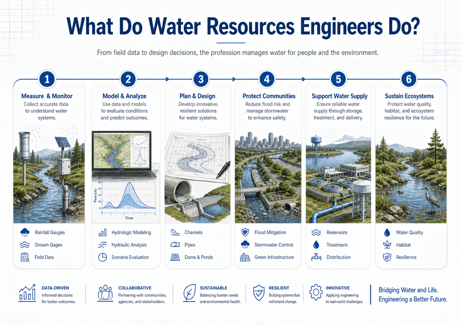 Process infographic showing what water resources engineers do from measuring and monitoring to modeling, planning, flood protection, water supply, and ecosystem support.