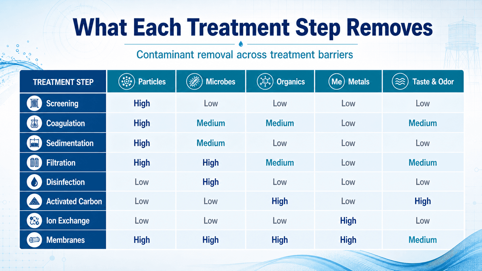 Chart showing how drinking water treatment steps remove particles, microbes, organics, metals, and taste and odor compounds