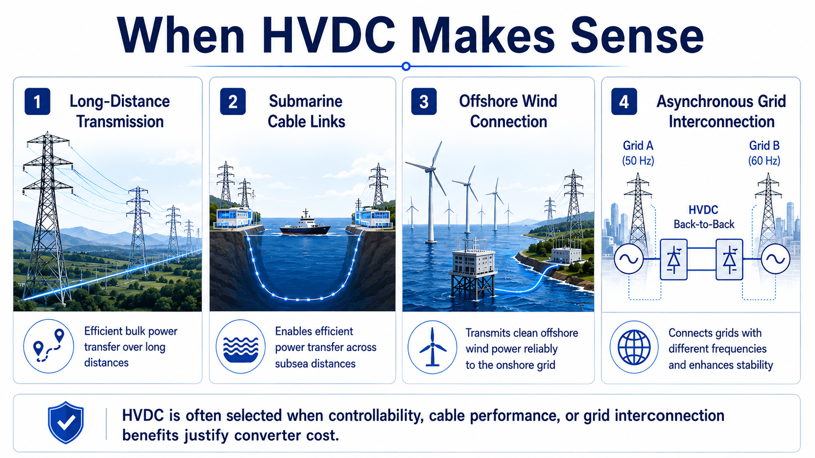 Infographic showing when HVDC systems make sense for long-distance transmission, submarine cables, offshore wind, and asynchronous grid interconnection