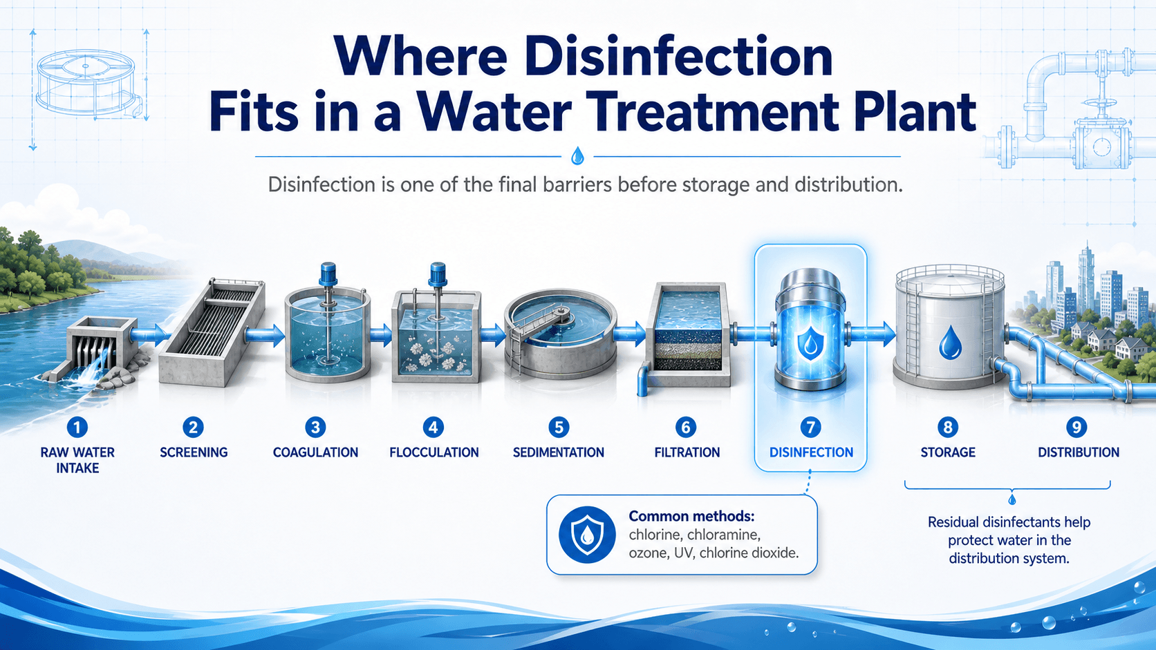 Water treatment plant process diagram showing disinfection after filtration and before finished water storage and distribution