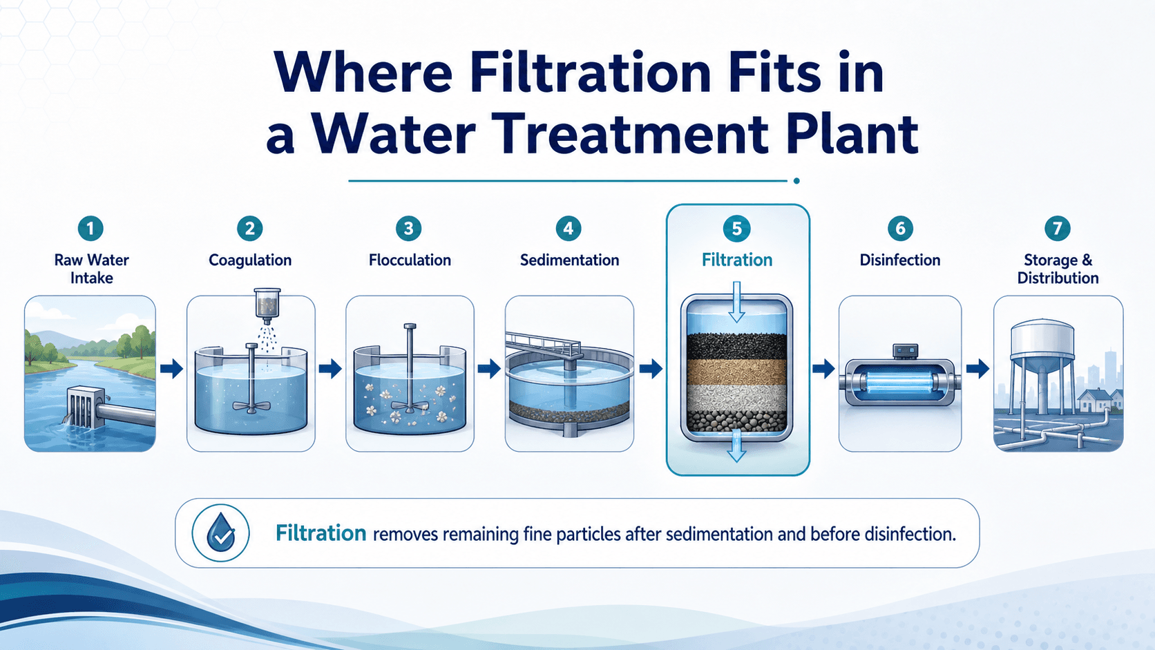 Water filtration process diagram showing filtration after sedimentation and before disinfection in a water treatment plant