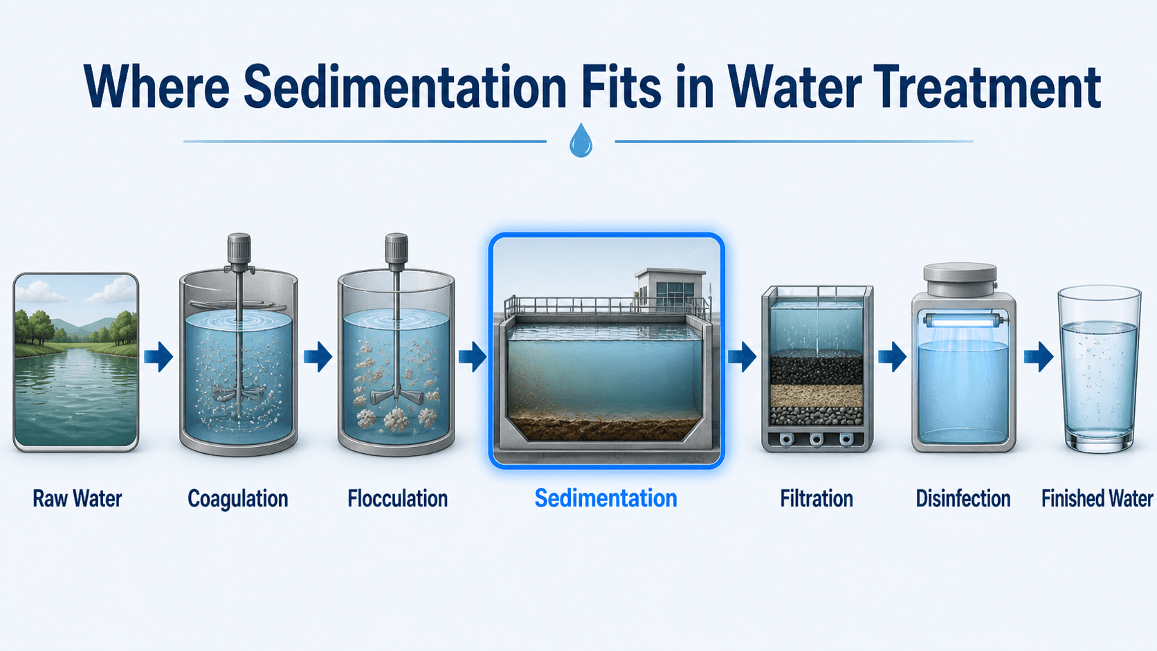 Water treatment process diagram showing raw water, coagulation, flocculation, sedimentation, filtration, disinfection, and finished water