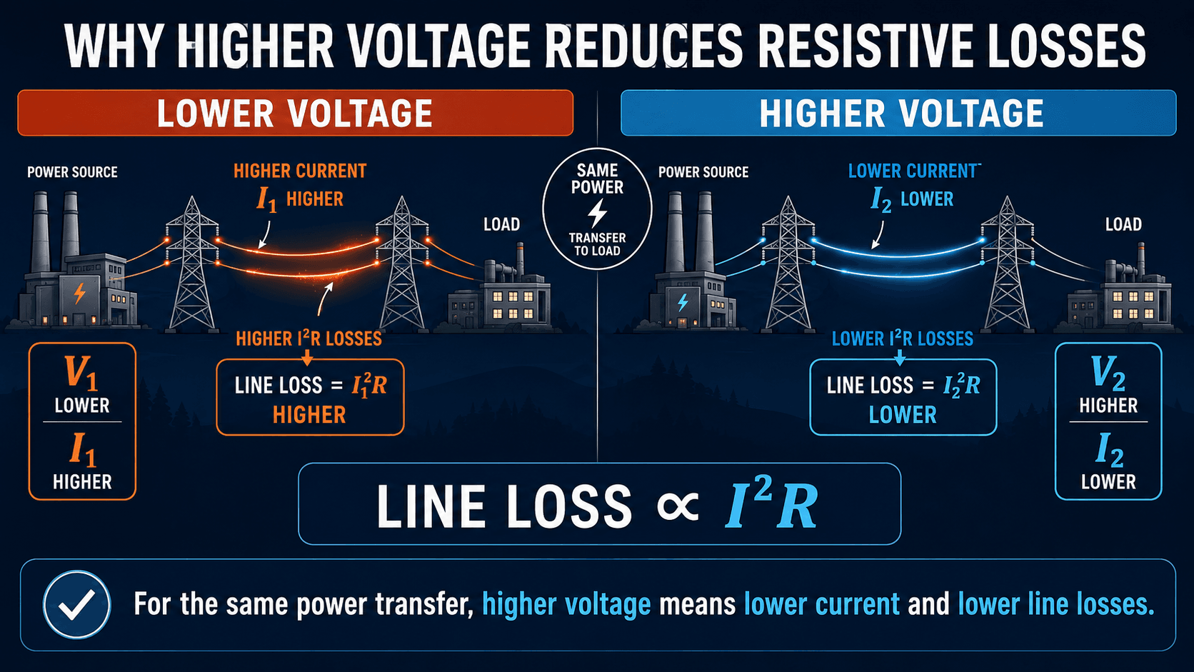 Higher voltage comparison showing lower current and lower I squared R line losses for the same power transfer