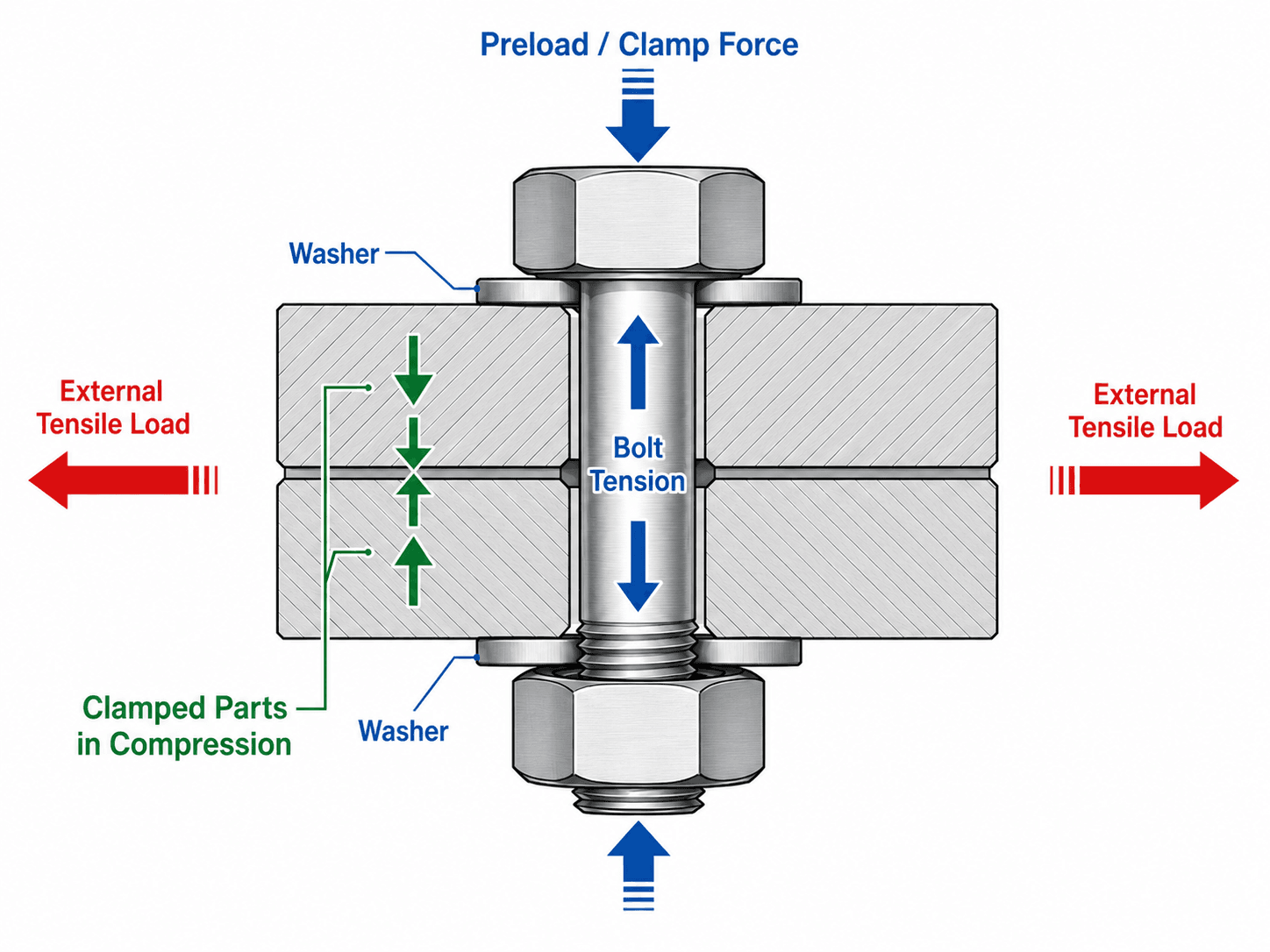 Cross section of a bolted joint showing preload clamp force, bolt tension, external tensile load, washers, and clamped parts in compression