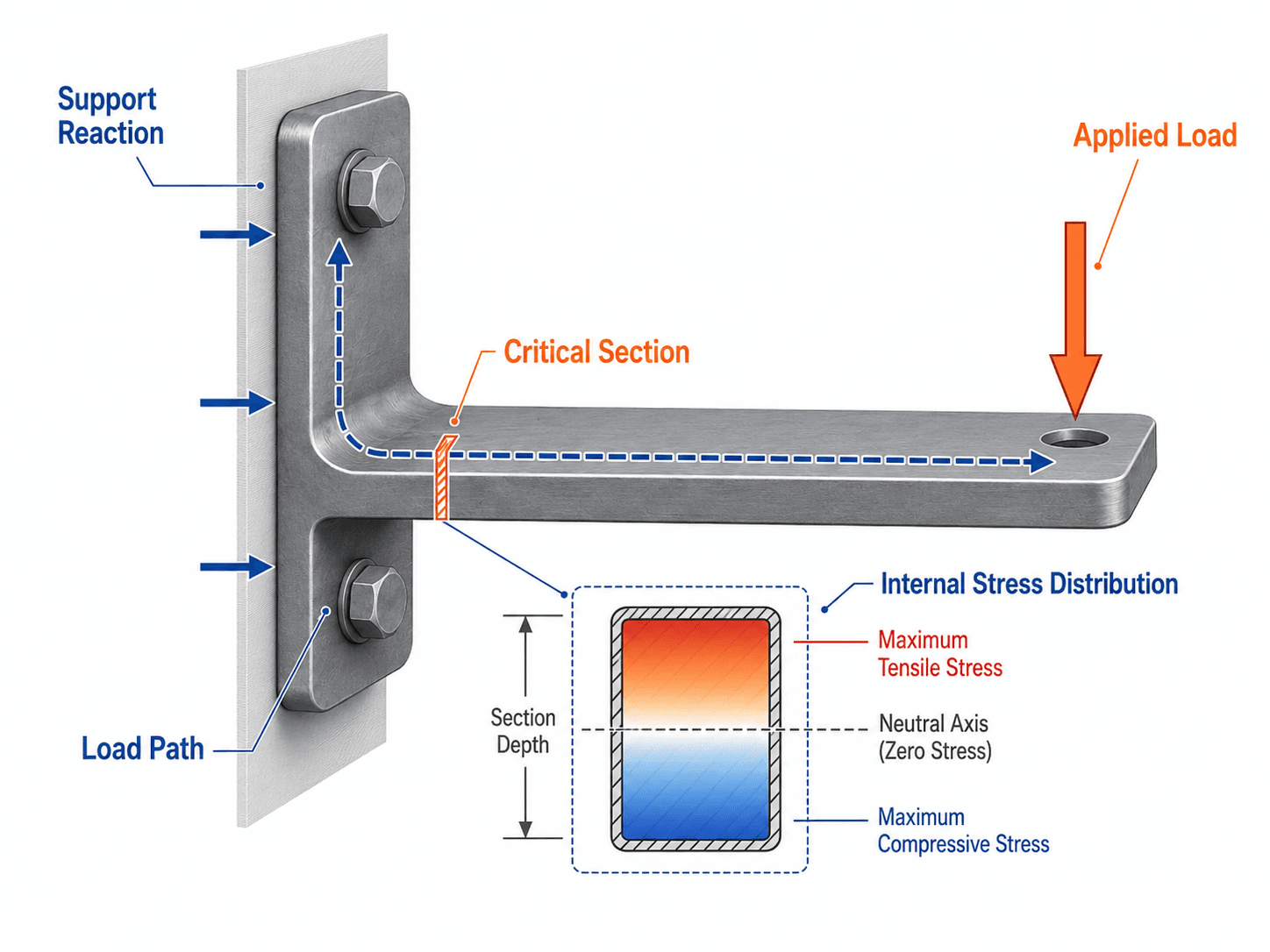 Cantilever bracket stress analysis diagram showing applied load, support reaction, load path, critical section, and bending stress distribution