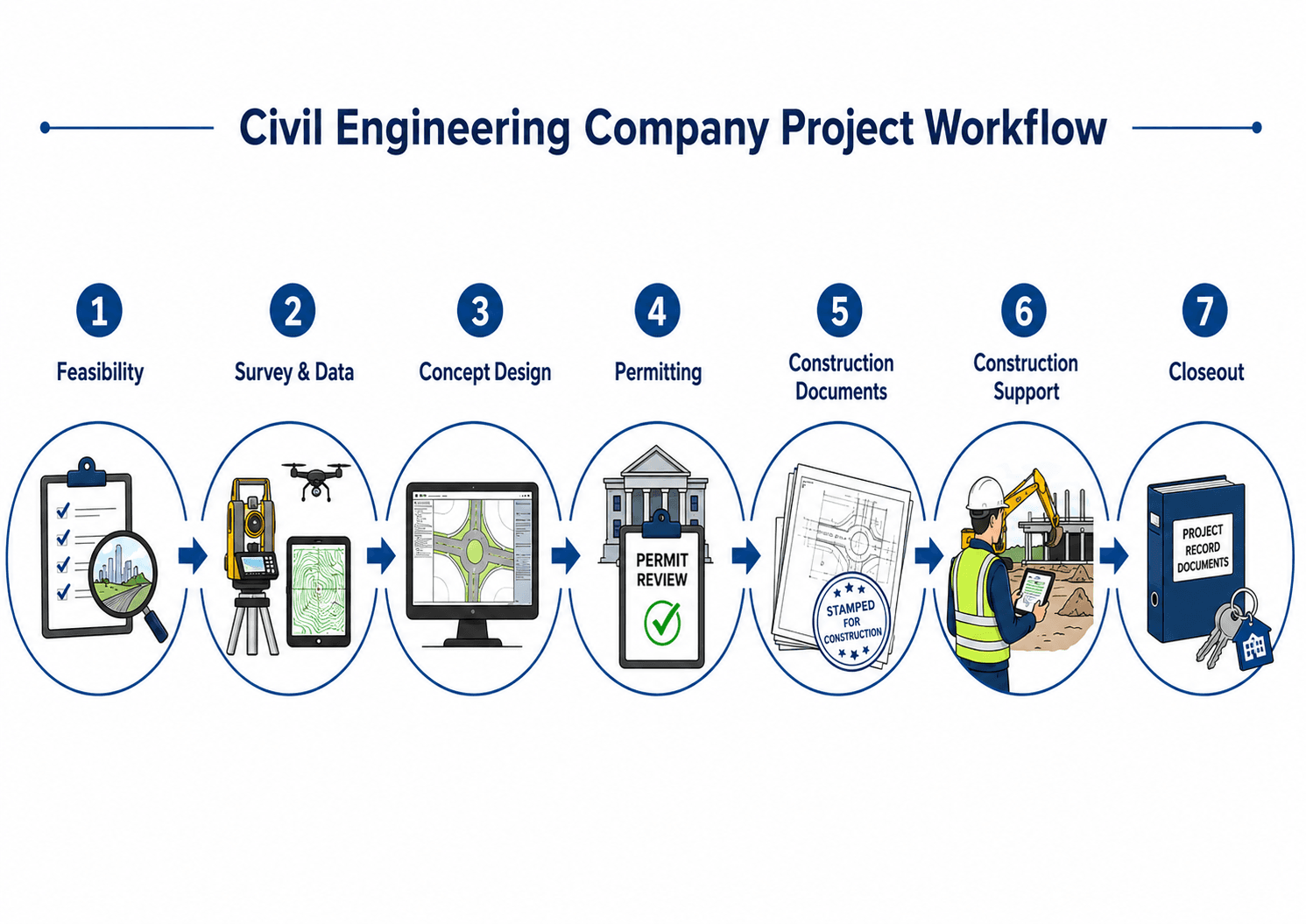 Civil engineering company project workflow from feasibility and survey through permitting, construction documents, construction support, and closeout