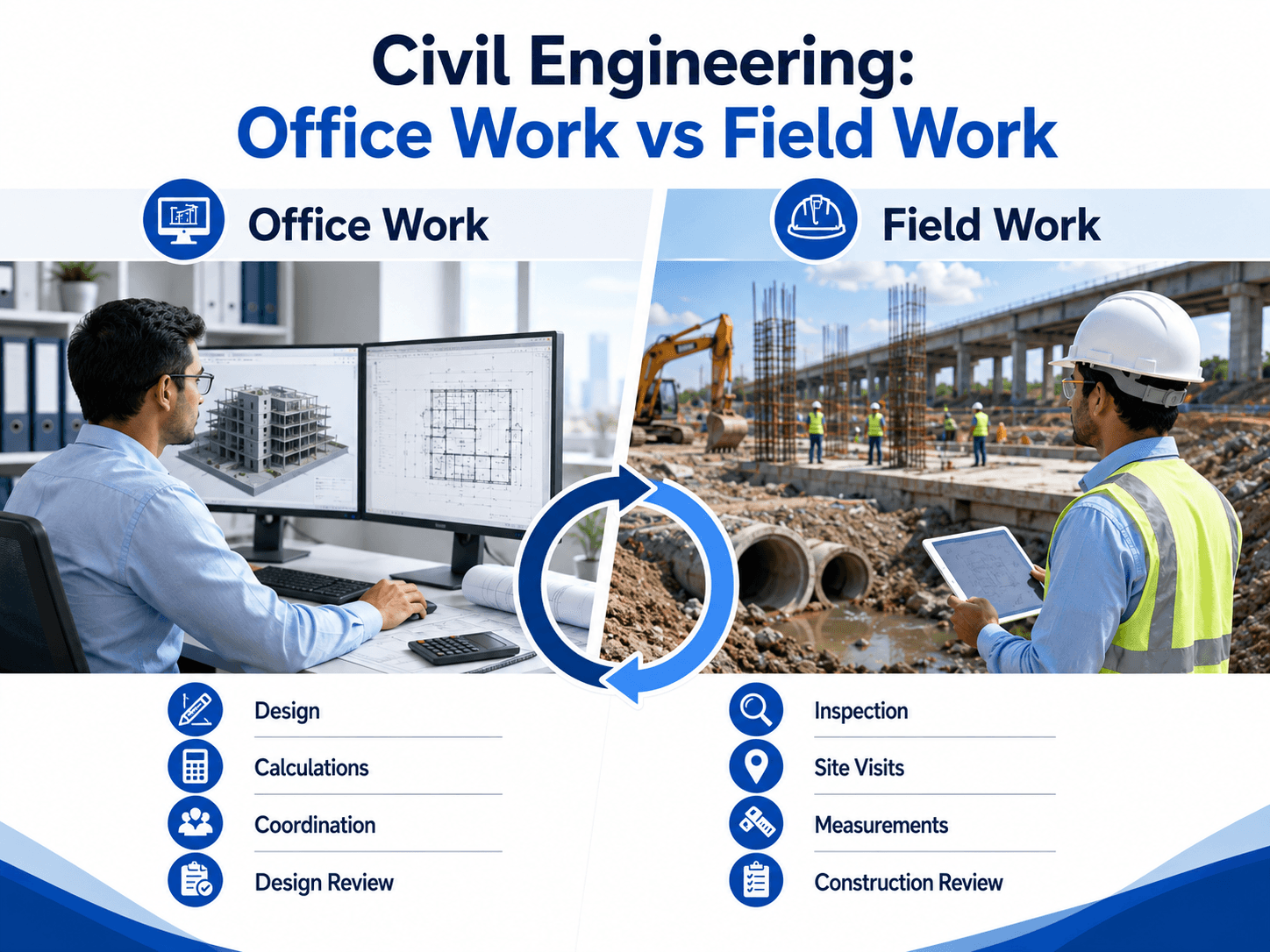 Split-screen comparison of civil engineering office work and field work showing design, calculations, coordination, inspections, site visits, measurements, and construction review