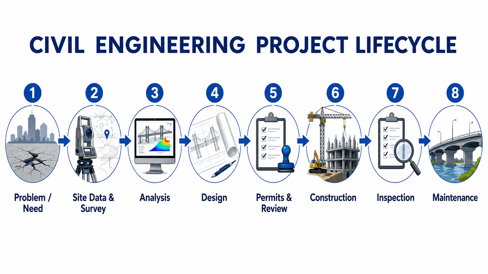 Civil engineering project lifecycle from problem and survey through analysis, design, permits, construction, inspection, and maintenance