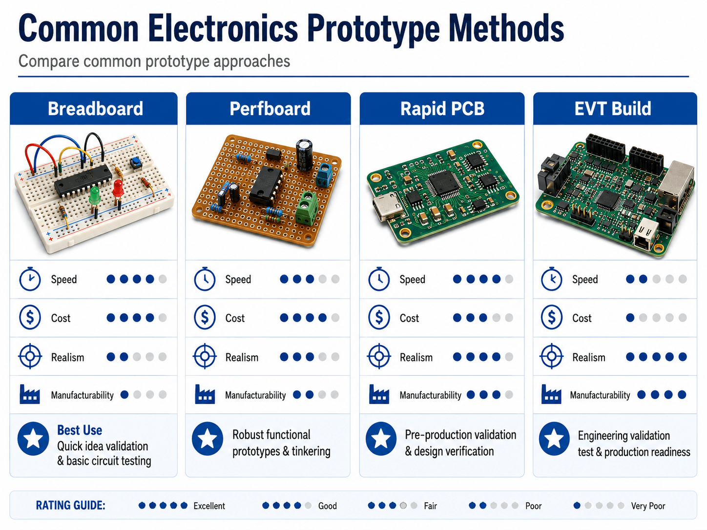 Comparison of electronics prototype methods including breadboard, perfboard, rapid PCB, and EVT build