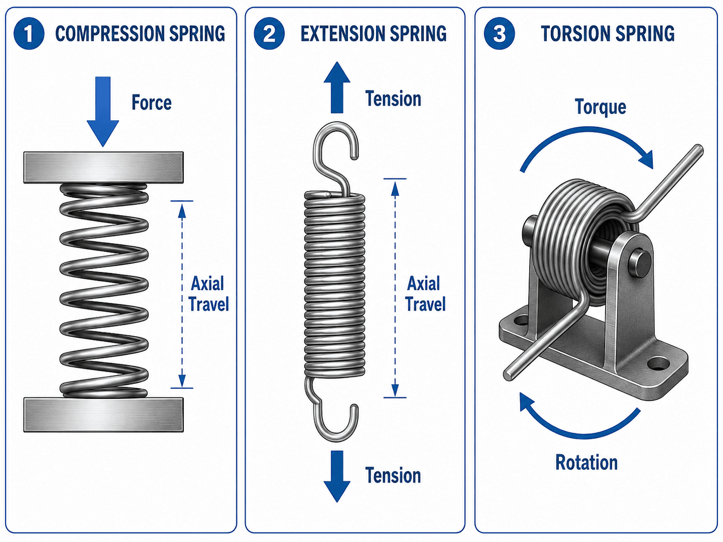 Comparison of compression, extension, and torsion springs showing force, tension, torque, axial travel, and rotation