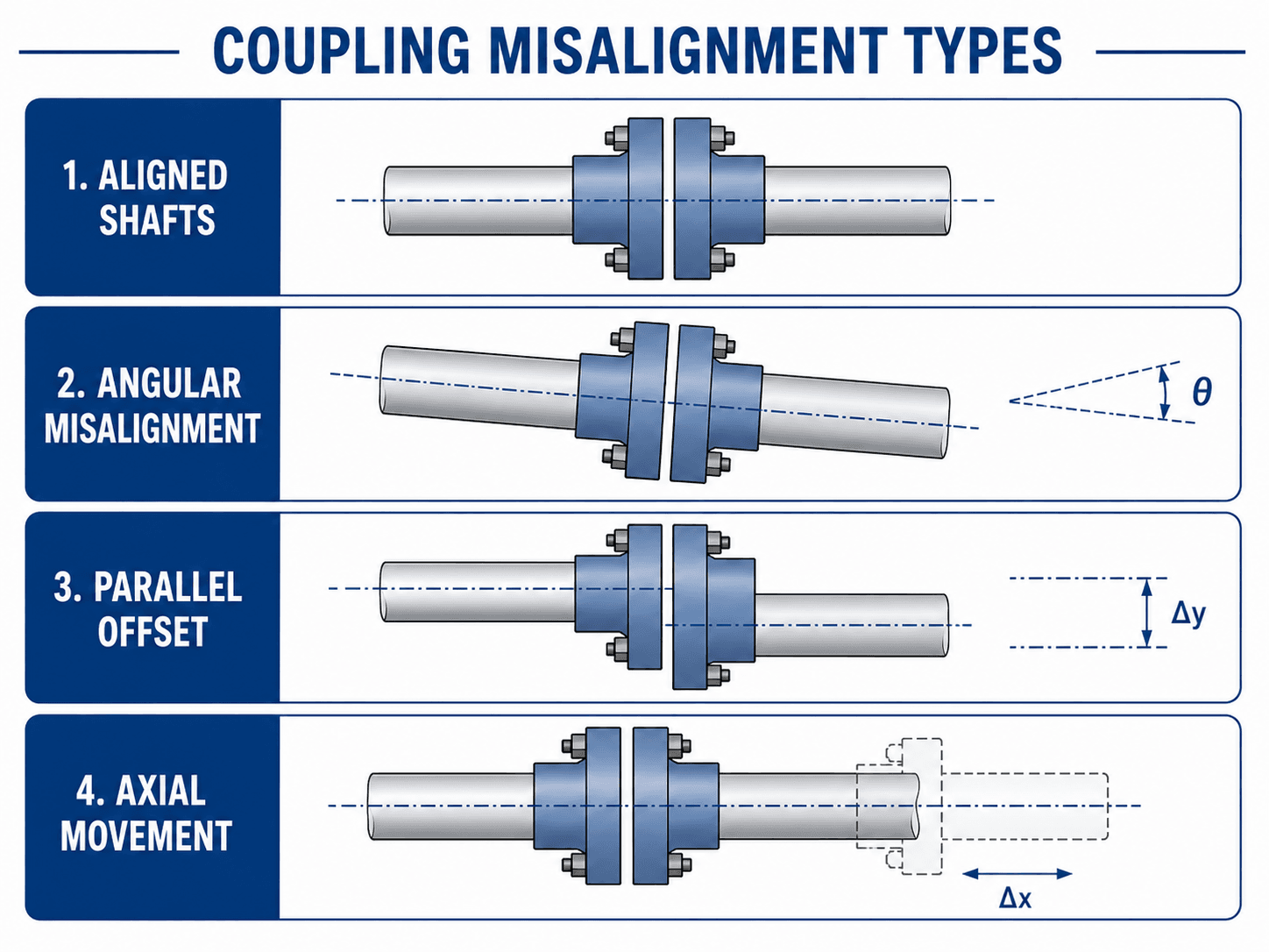 Coupling misalignment types diagram showing aligned shafts, angular misalignment, parallel offset, and axial movement