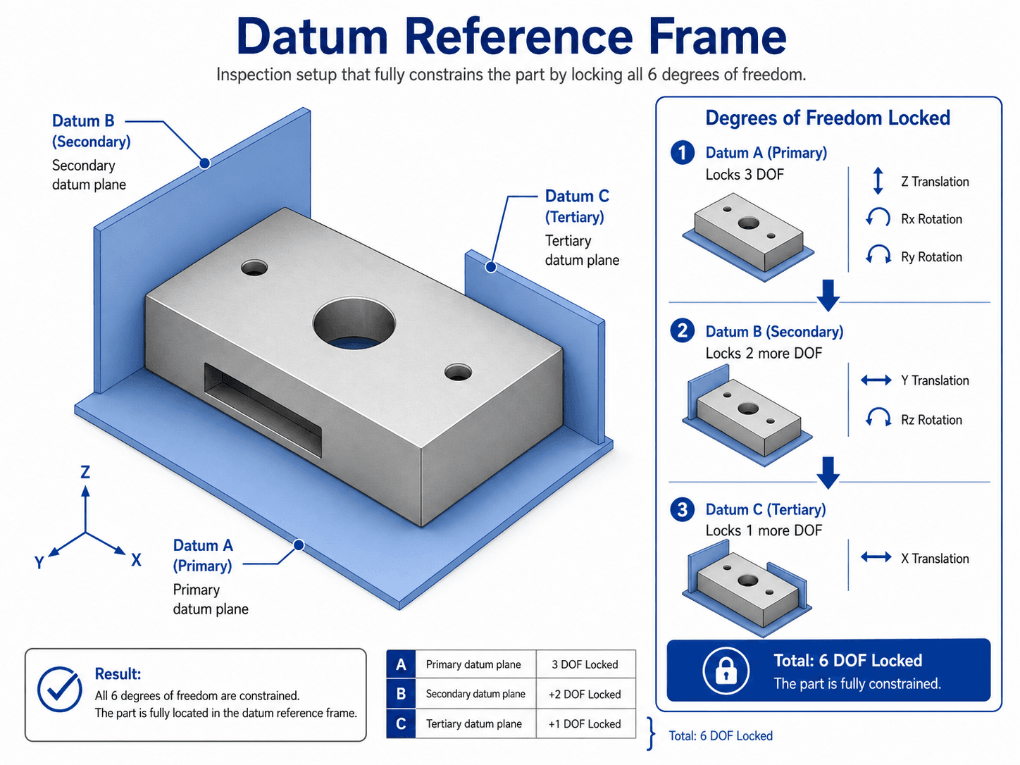 GD&T datum reference frame inspection setup showing datum A, datum B, datum C, and how the datums lock all six degrees of freedom