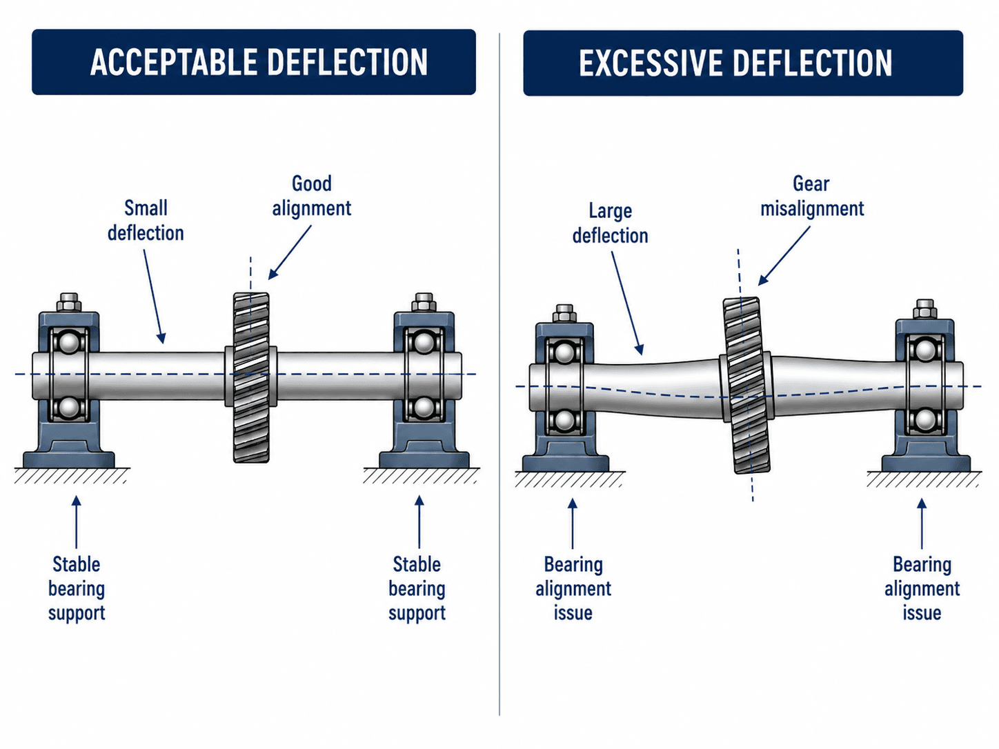 Shaft design deflection comparison showing acceptable deflection versus excessive deflection and gear misalignment